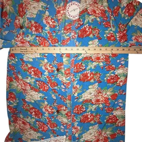 Umgee Cobalt Blue Red Floral Fringed Open Front Boho Kimono Coverup Medium Large - Picture 8 of 9